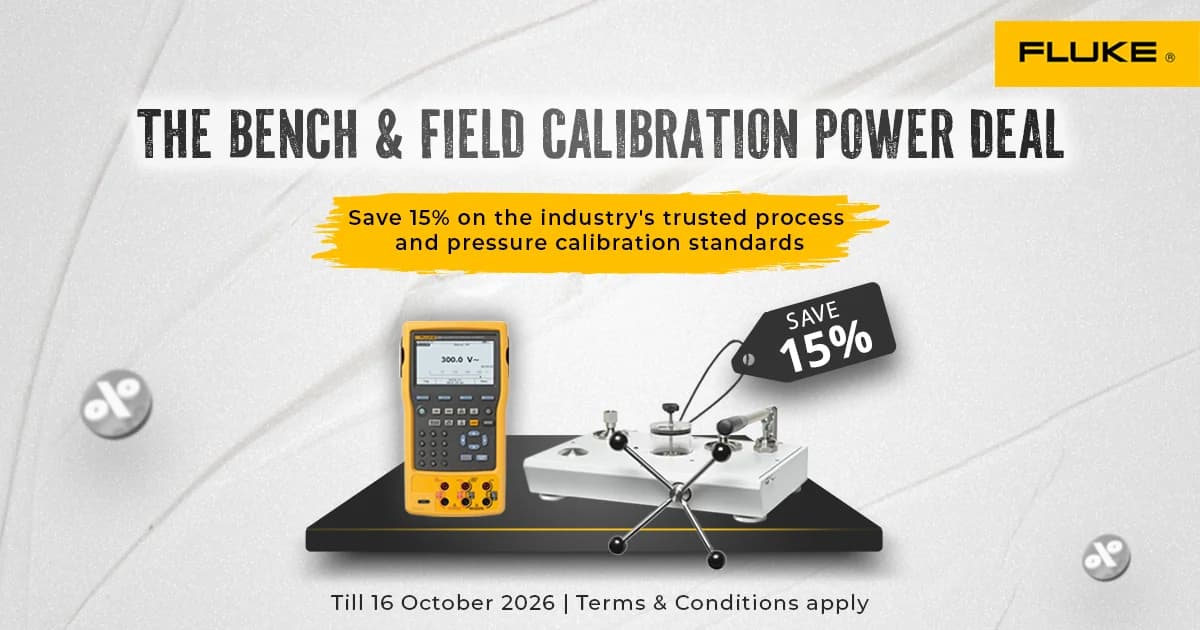 The Bench & Field Calibration Power Deal from Fluke. Save 15% on the industry's trusted process and pressure calibration standards. Till 16 October 2026, terms and conditions apply.
