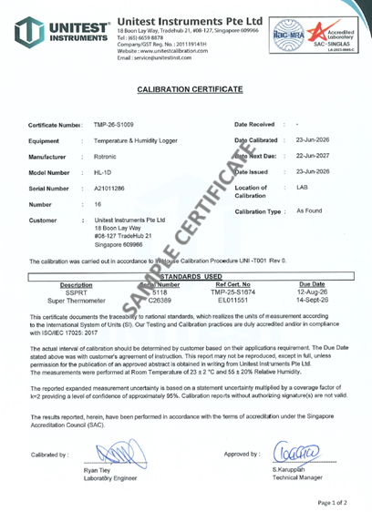 Sample Unitest Instruments SAC-SINGLAS ISO/IEC 17025 calibration certificate